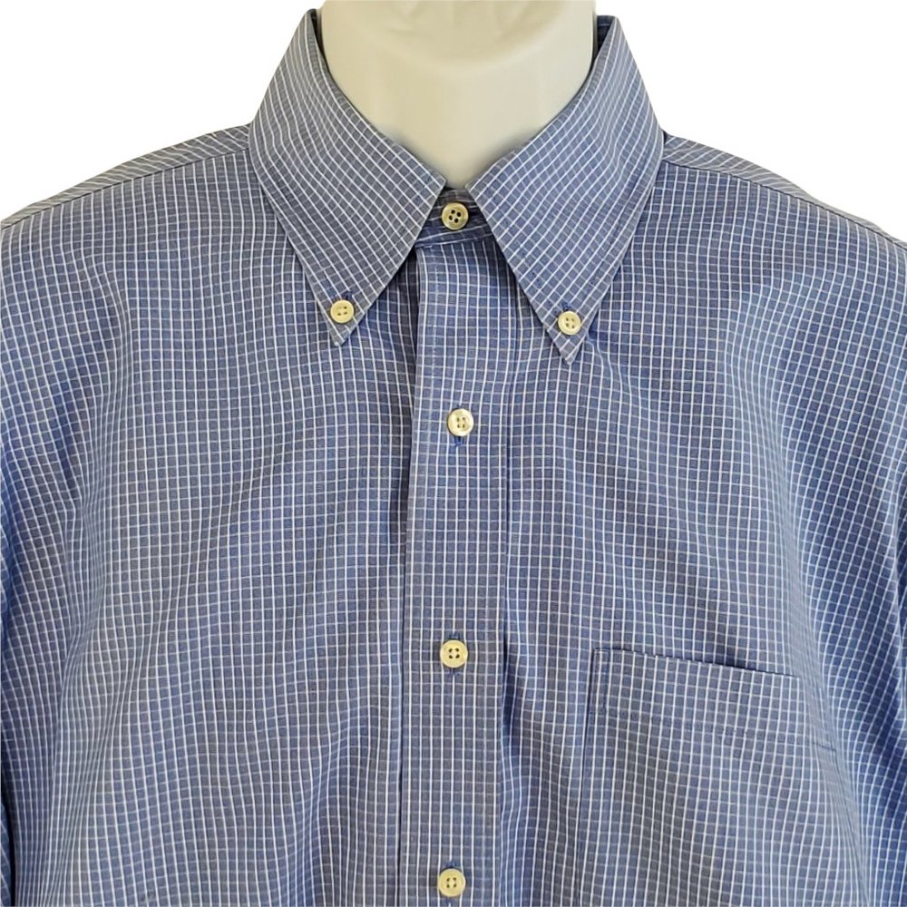 Brooks Brothers Men's L Check Shirt Blue & White Button Pocket Drop Tail Cotton